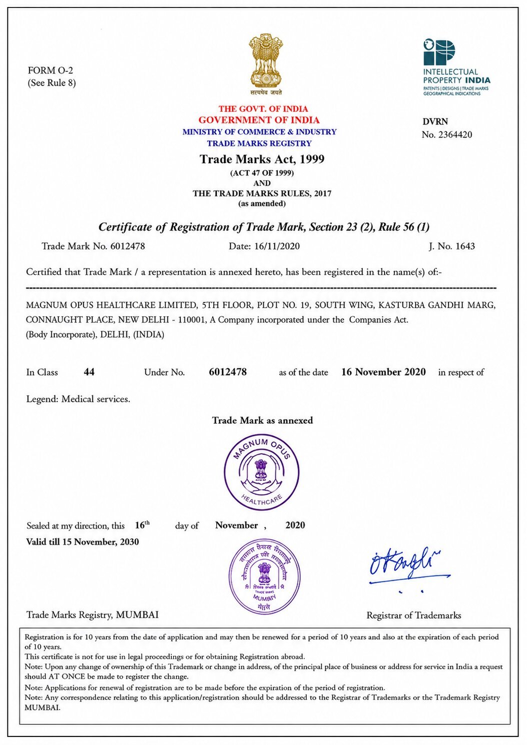 Trade Mark Certificate